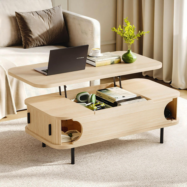 IRONCK Couchtisch höhenverstellbar, Wohnzimmertisch mit Stauraum, Holz Kaffeetisch mit Schiebetüren,