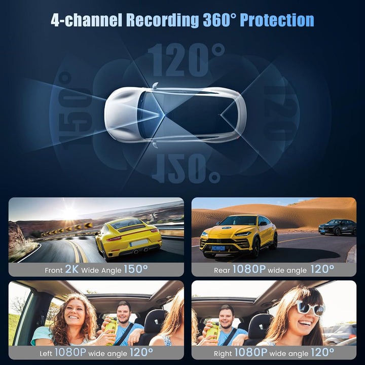 4 Kanal Dashcam Auto Vorne Hinten 2K+1080P*3, 360° 4 Kanal Dashcam, WiFi Dash Cam mit APP Steuerung,