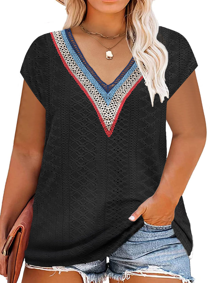 Grosse Grössen T-Shirts Damen V-Ausschnitt Plus Size Mode Strick Top Sommer Oversize Frauen Tshirts