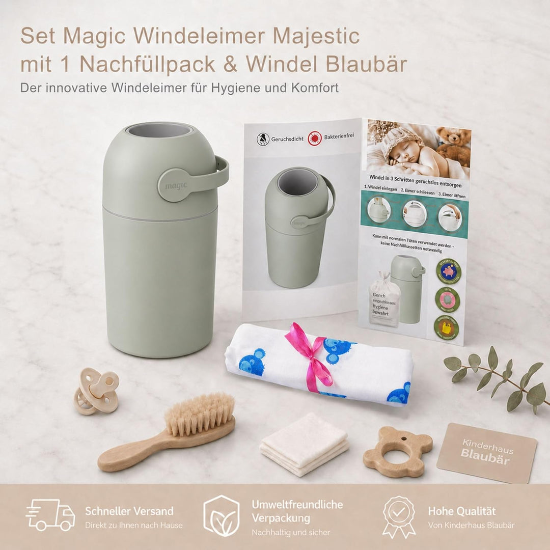 Set Magic Windeleimer Majestic &amp; Windel Blaubär | Diaper Keeper 12L mit Geruchsstop-System | bis zu