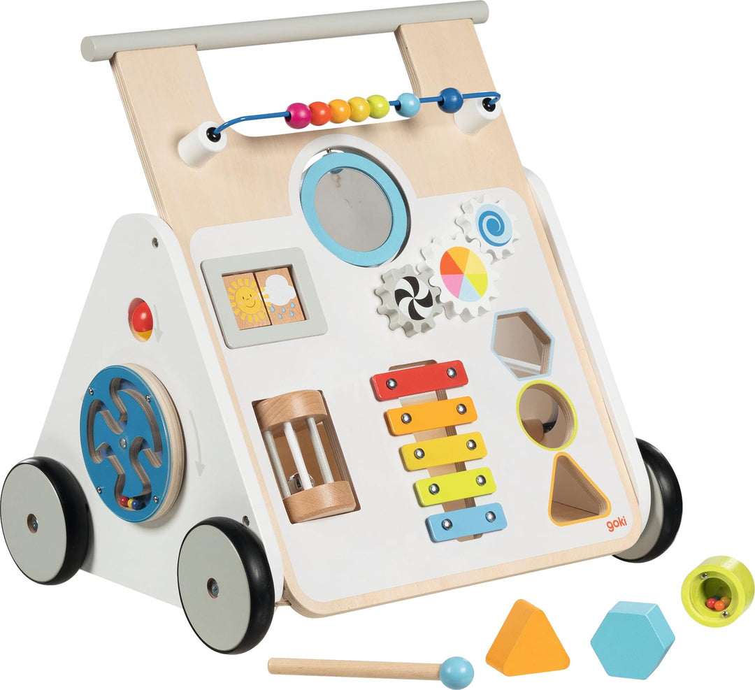 goki 59961 - Lauflernwagen KiddyCruiser aus Holz, Multifunktionale Lauflernhilfe mit Kugellabyrinth,