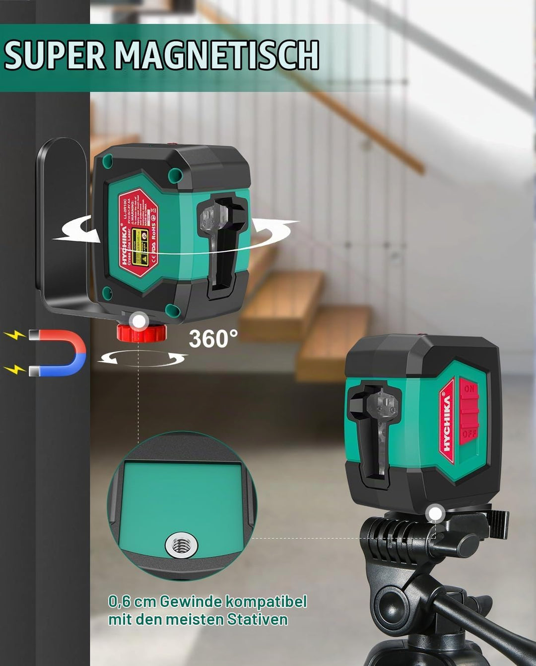 HYCHIKA Kreuzlinienlaser, Linienlaser Selbstnivellierend 15M mit Dualem Lasermodul 360°Umschaltbar H