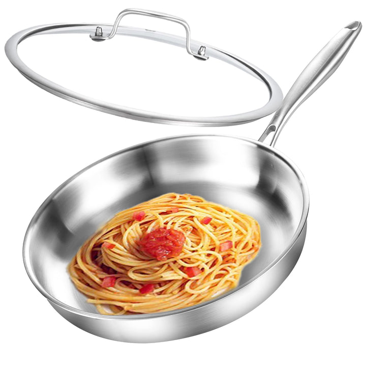 Dreilagige Edelstahl Bratpfanne mit Deckel 26cm,Edelstahlpfanne Unbeschichtet,Induktions Pfanne,Hoch