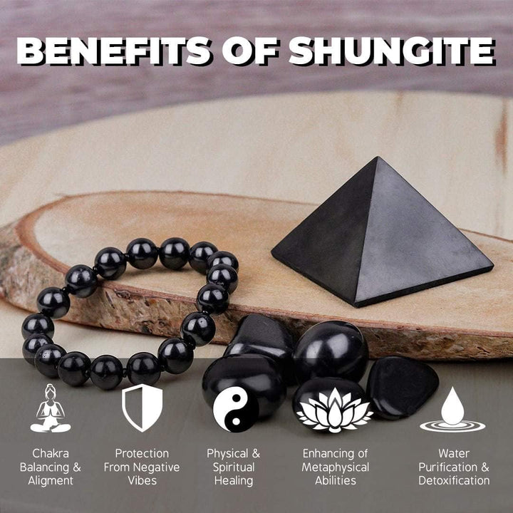 Heka Naturals Polierte Schungit-Pyramide (5 cm), Dehnbares Armband & Trommelsteine | Wohnkultur, Was