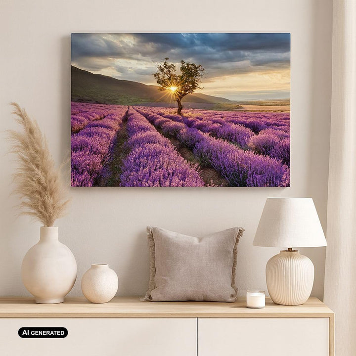 Bilder auf Leinwand 100x70cm Leinwandbild mit Rahmen Lavendel Berge Feld Gross Wanddeko Bild Schlafz
