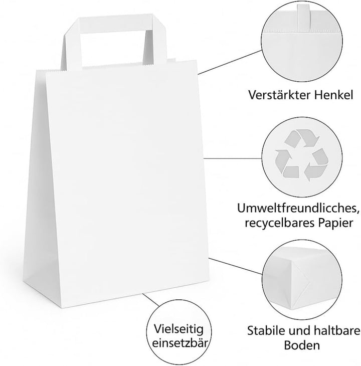 Commerline Papiertragetaschen 26+17x25cm 250 Stück | Weiss Papiertüten | Kraftpapier Tüten mit Henke