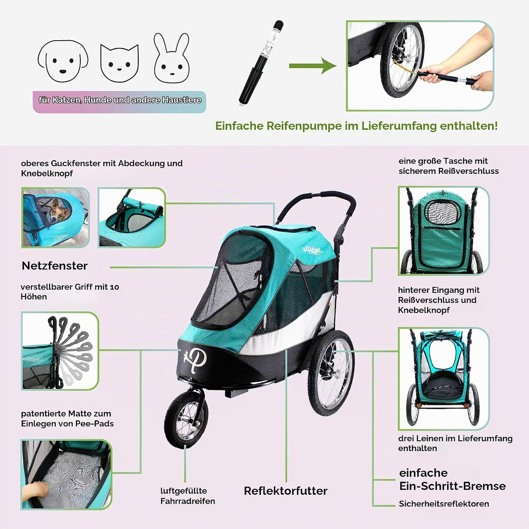 Petique Trailblazer Jogger Hundewagen für mittelgrosse Hunde &amp; Katzen, Luftreifen, verstellbarer Gri