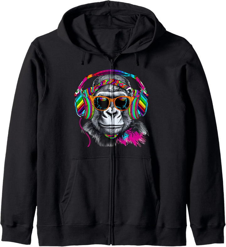 Rainbow Monkey Schimpanse mit Sonnenbrille und Kopfhörer Kapuzenjacke