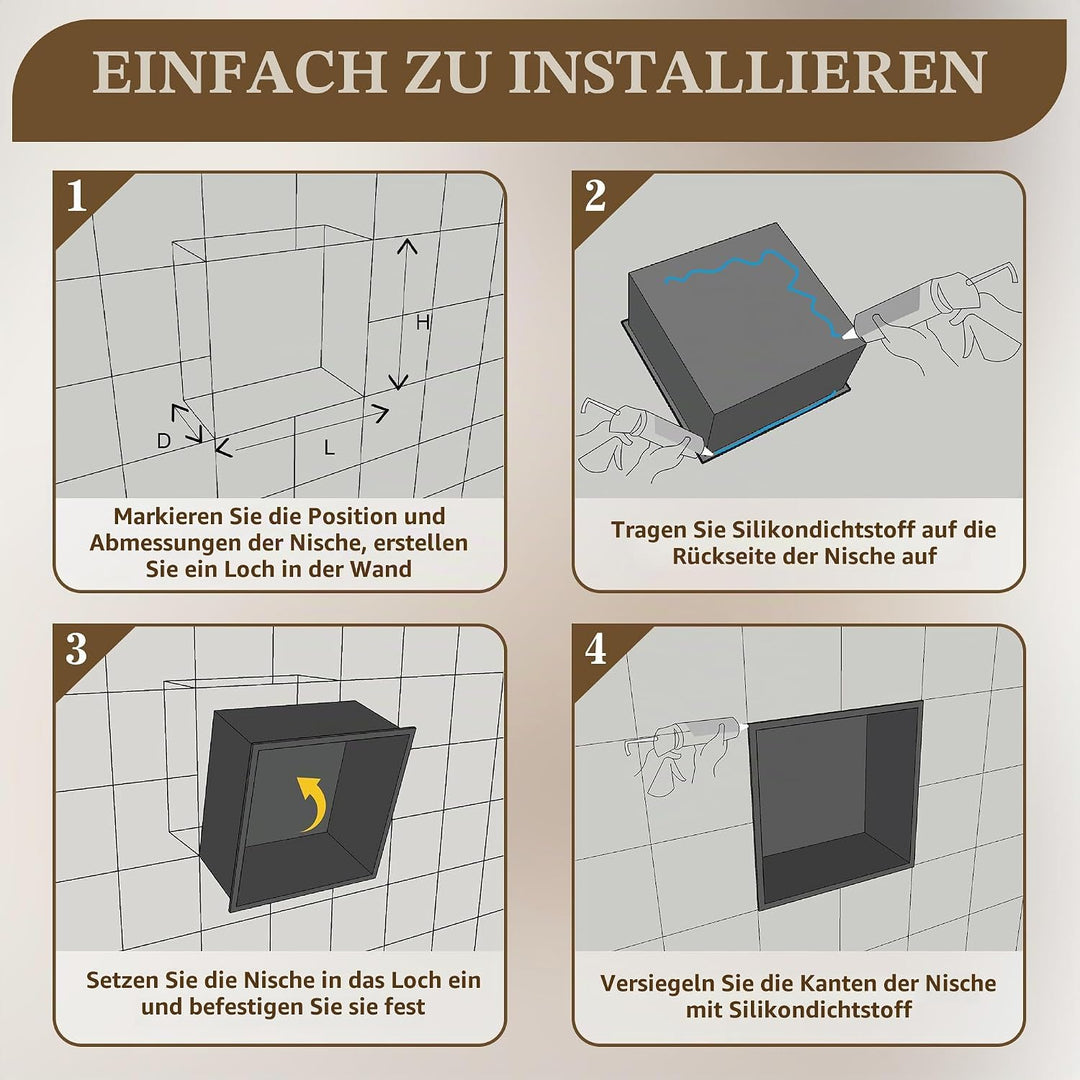 FTL Wandnische Dusche Schwarz Matt 30 x 30 x 10cm,Edelstahl Duschnische,Keine Fliesen Erforderlich E
