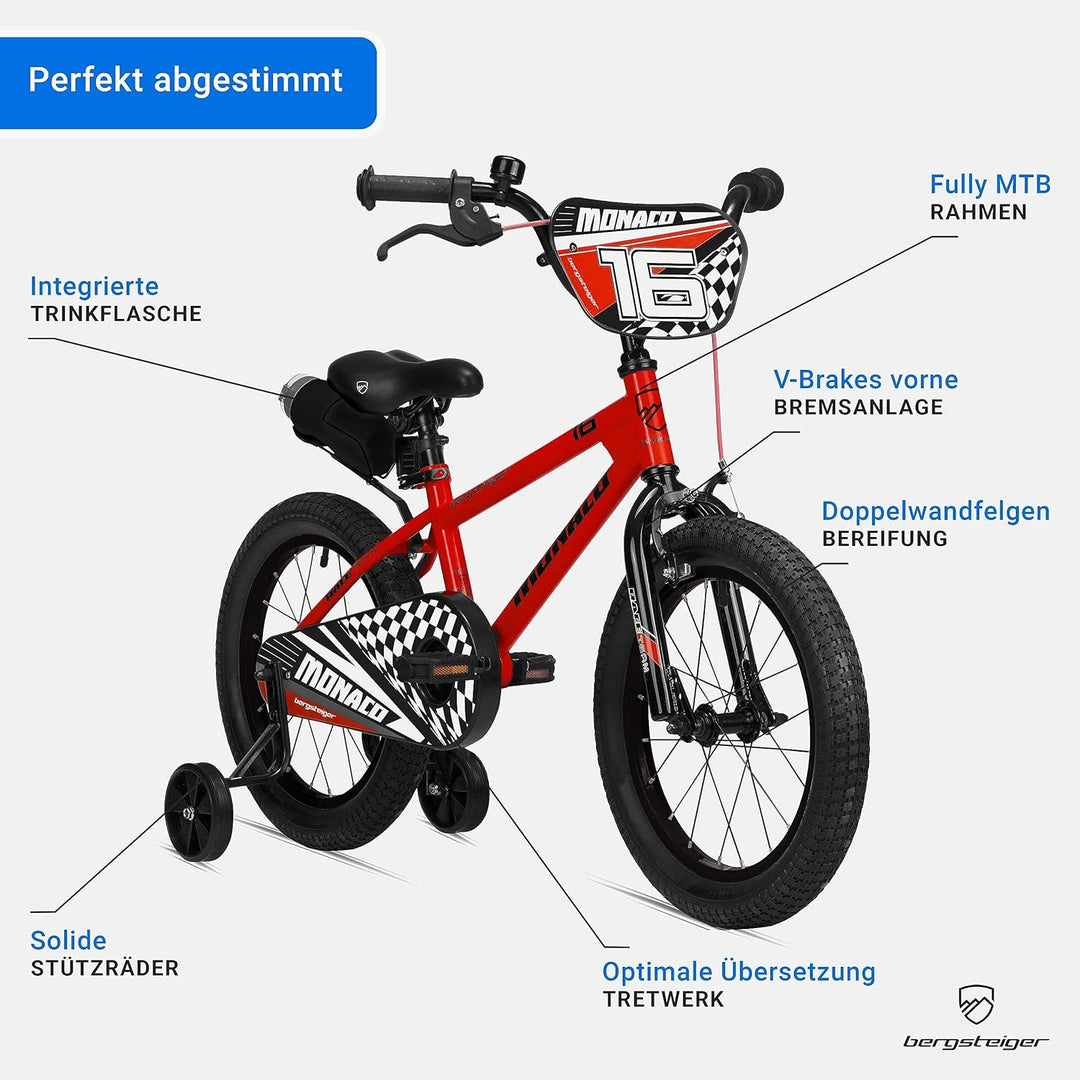 Bergsteiger Monaco 16 Zoll Kinderfahrrad, geeignet für 4, 5, 6 Jahre, BMX, Stützräder, Rücktrittbrem