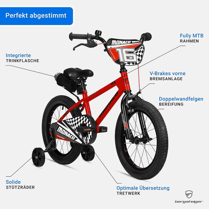 Bergsteiger Monaco 16 Zoll Kinderfahrrad, geeignet für 4, 5, 6 Jahre, BMX, Stützräder, Rücktrittbrem