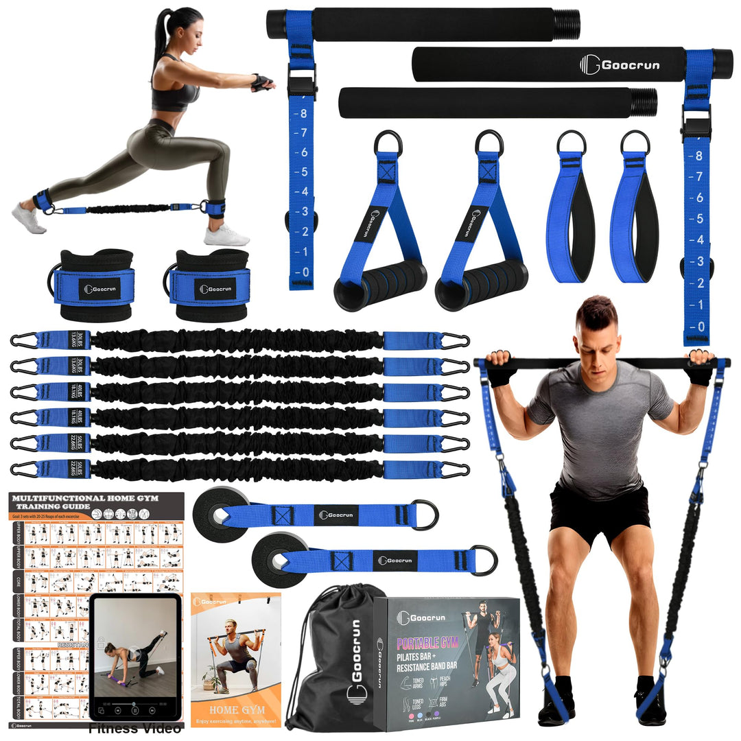 Goocrun Tragbares Pilates-Stangenset von mit Widerstandsbändern für Männer und Frauen – 3er-Set Übun