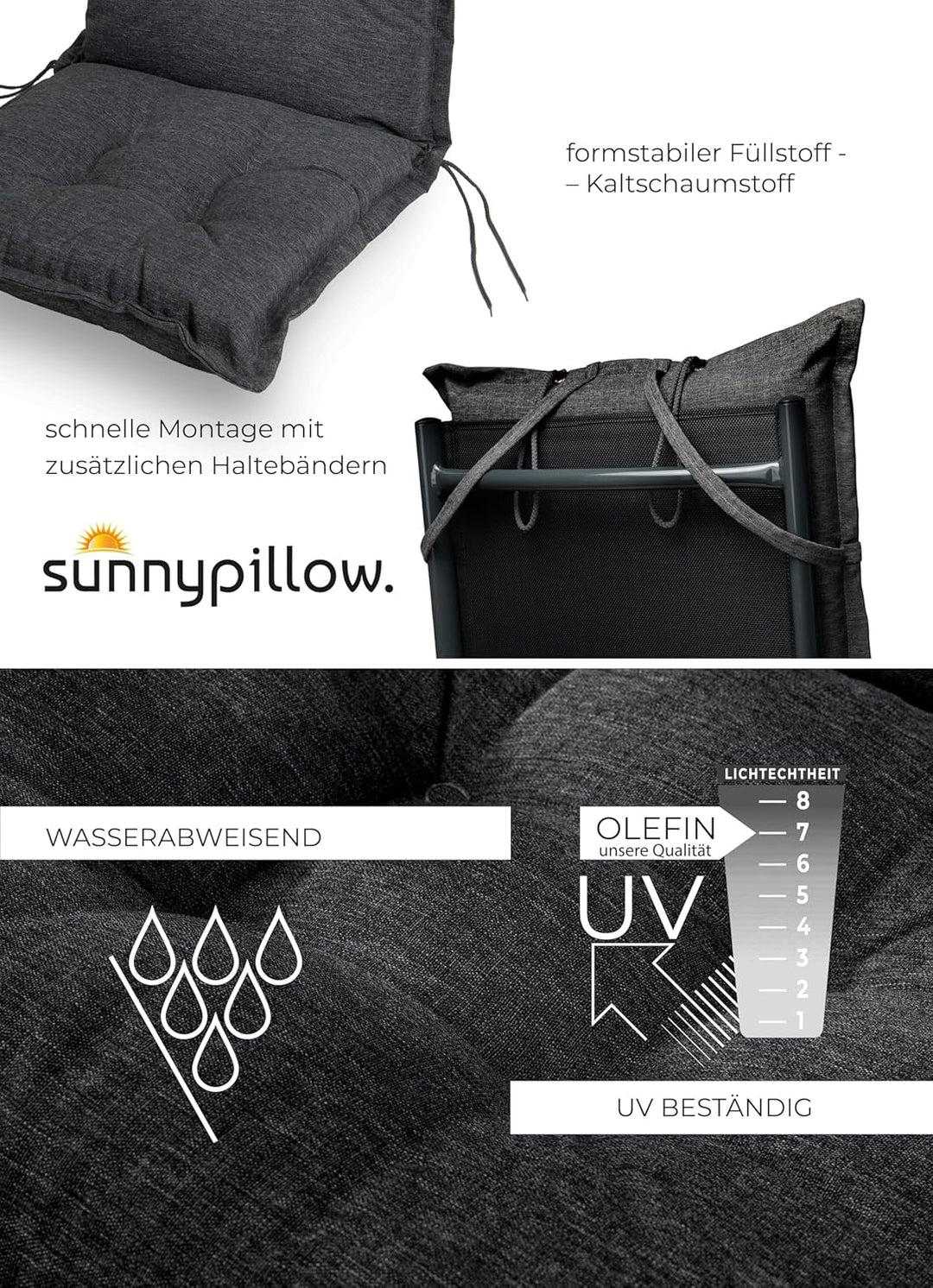 sunnypillow 2 Stück Gartenstuhlauflagen mit abnehmbarem Kopfpolster - 120 x 50 x 9cm - Stuhlauflagen