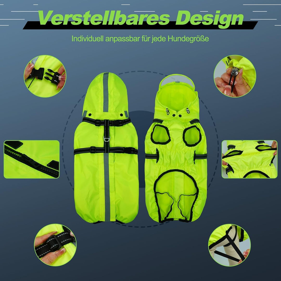 Hunderegenmantel wasserdicht, Regenjacke mit reflektierenden Streifen, H-Brustgeschirr (D-Ring) &amp; Ab