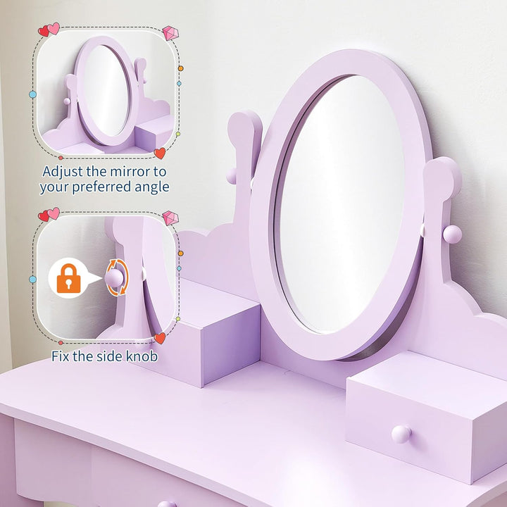 Garvee Prinzessin Schminktisch Set für Kinder aus Holz mit Spiegel & Hocker – Mit Schublade und Stuh