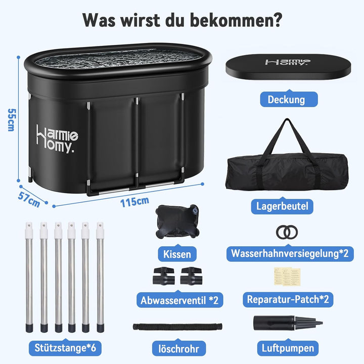 Warmiehomy Faltbare Badewanne Eisbad, Ovales Aufblasbare Eisbad mit Abdeckung und Aufblasbarem Nacke