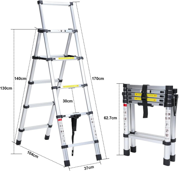 Fiqops 1,4m+1,7m Teleskopleiter aus Aluminium, 4+5 Stufen Klappleiter A-Rahmen Mehrzweckleiter Stehl