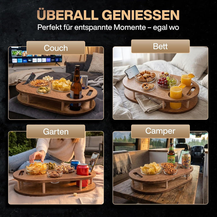 Couchbar Snackbox mit 4 Glasschalen - Sofabar für Snacks und Getränke - Couchtabletts mit Getränkeha