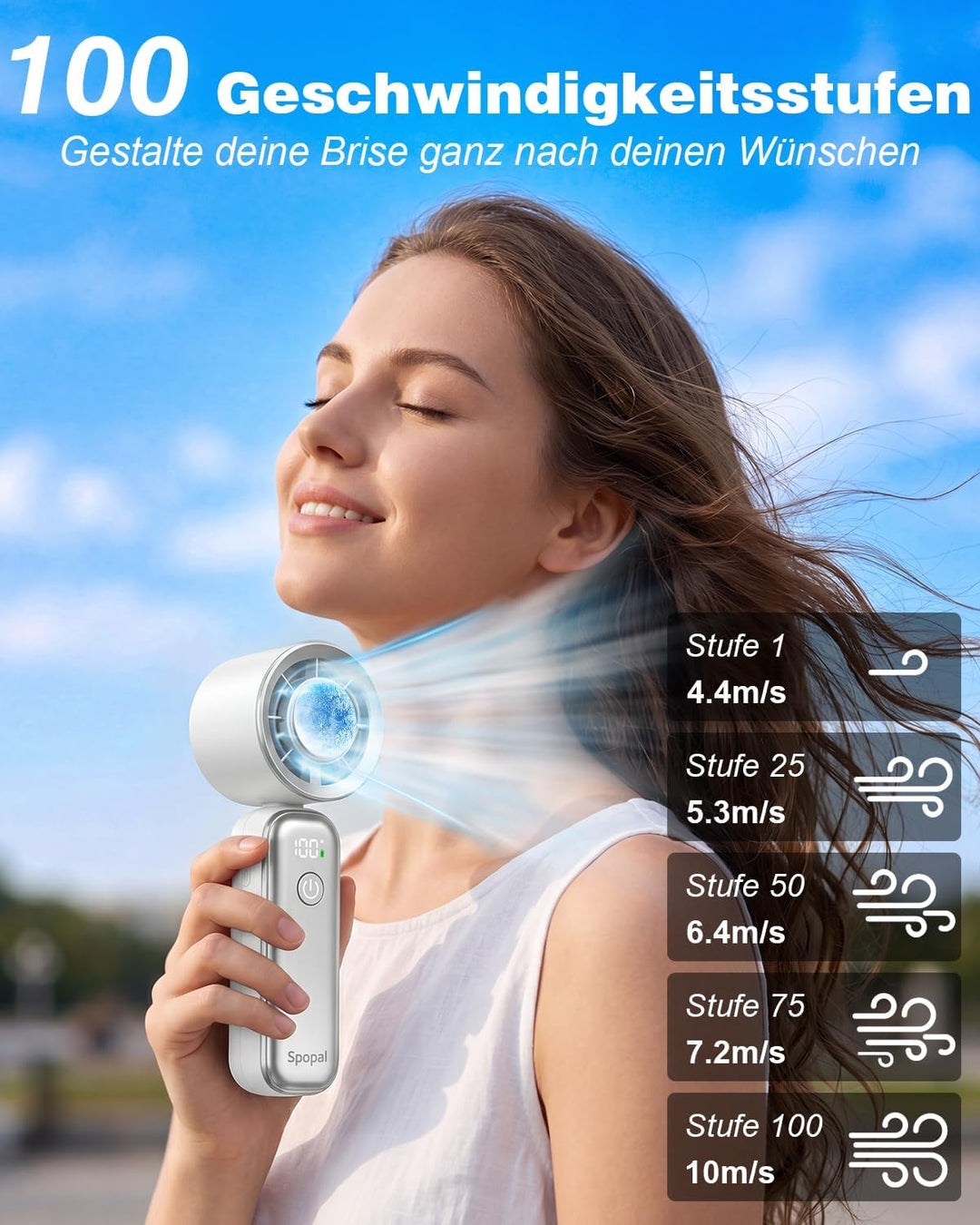 Spopal Klein Handventilator, Tragbarer Turbo-Ventilator mit Kühleffekt | 1-100 einstellbare Lüfterst