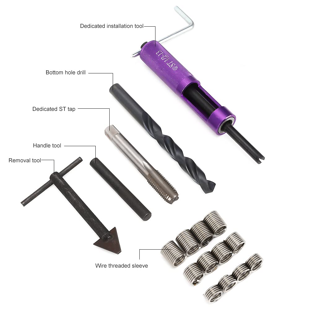 Reparatursatz für Gewindeeinsätze, 1/2-Zoll-13 UNC mit 12 Gewindeeinsätzen, Handwerkzeug, Edelstahl-
