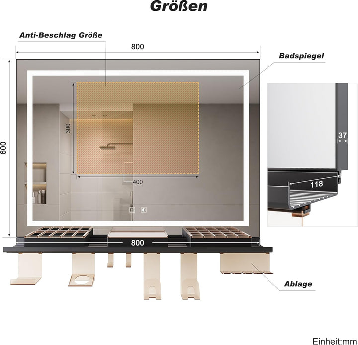 SONNI Badspiegel mit Beleuchtung 80x60cm + 80cm Ablage, Touch Badezimmerspiegel 3 Lichtfarben, Anti-