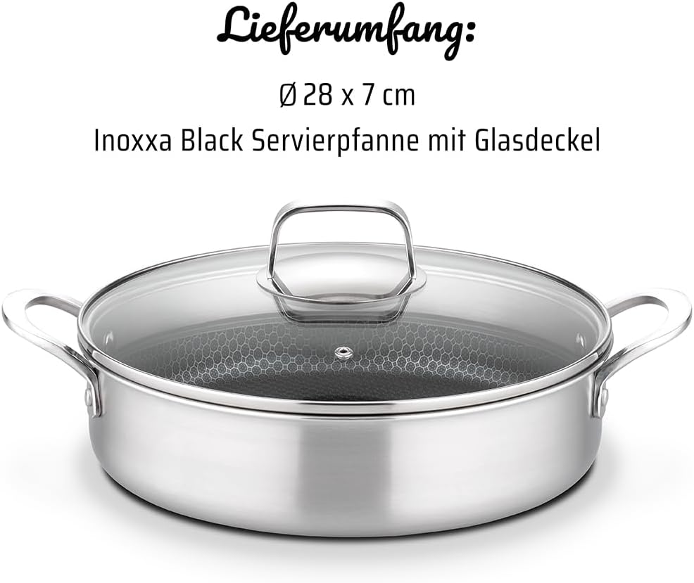 GSW Servierpfanne Innoxa Black, Pfanne mit Deckel aus Glas, Edelstahlpfanne, Wabenpfanne mit kratzfe