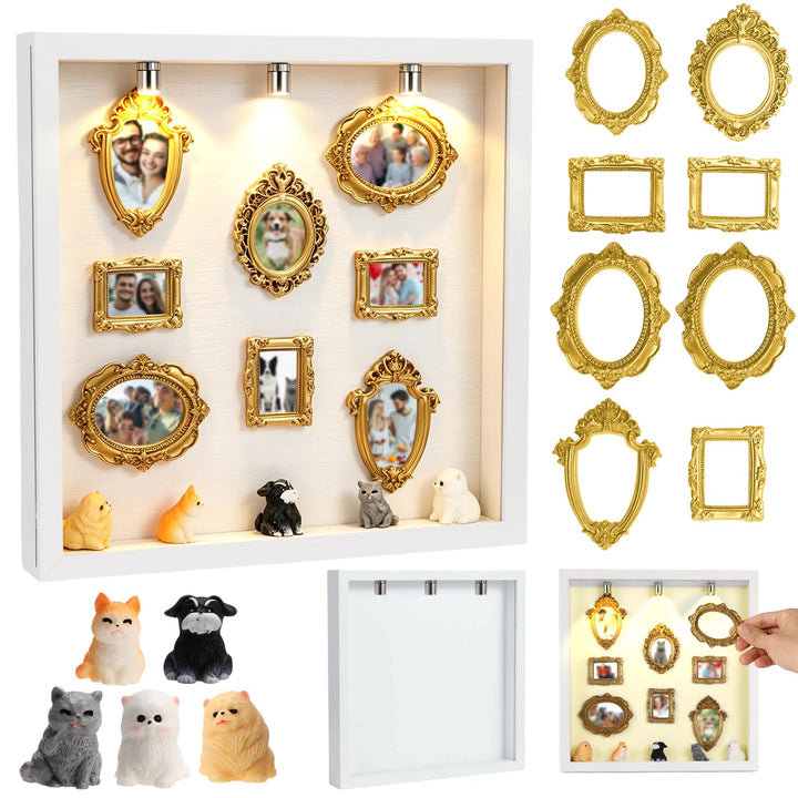 Upgrade DIY Mini Museum Bilderrahmen Set, Schattenbox mit seitlich öffnender Acrylfront & LED-Licht,