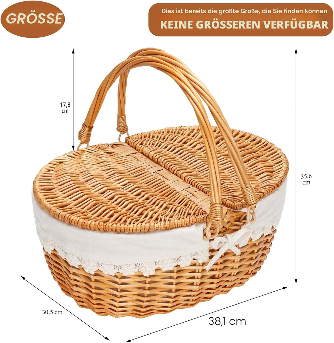 ZORMY Picknickkorb mit Weidendeckel und cremefarbenem Futter Weiss mit Weidendeckel, Weiss mit Weide