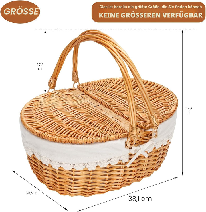 ZORMY Picknickkorb mit Weidendeckel und cremefarbenem Futter Weiss mit Weidendeckel, Weiss mit Weide