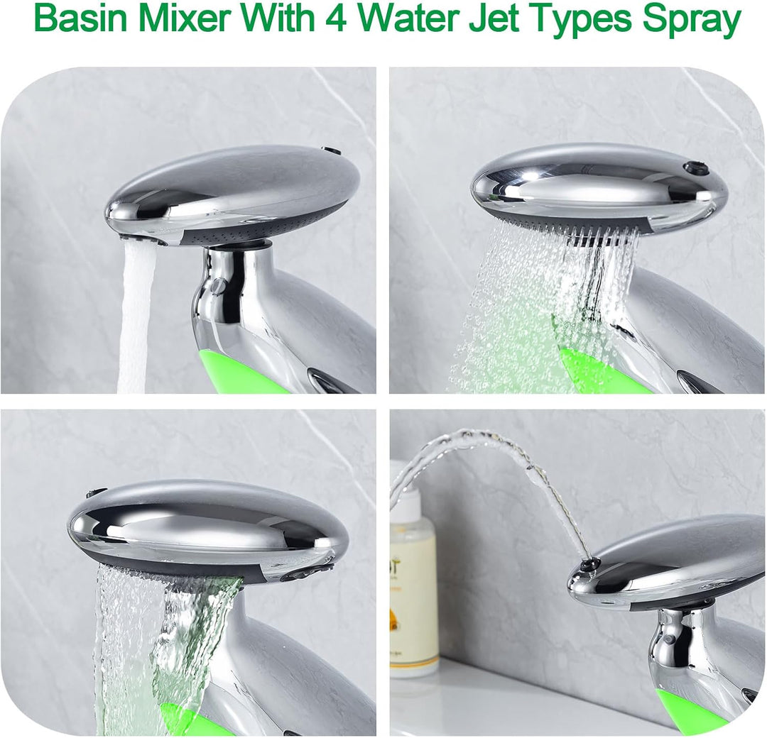 LED Wasserhahn Bad Mit Ausziehbar,Waschtischarmatur Mit 4 Wasserstrahlarten,Chrom