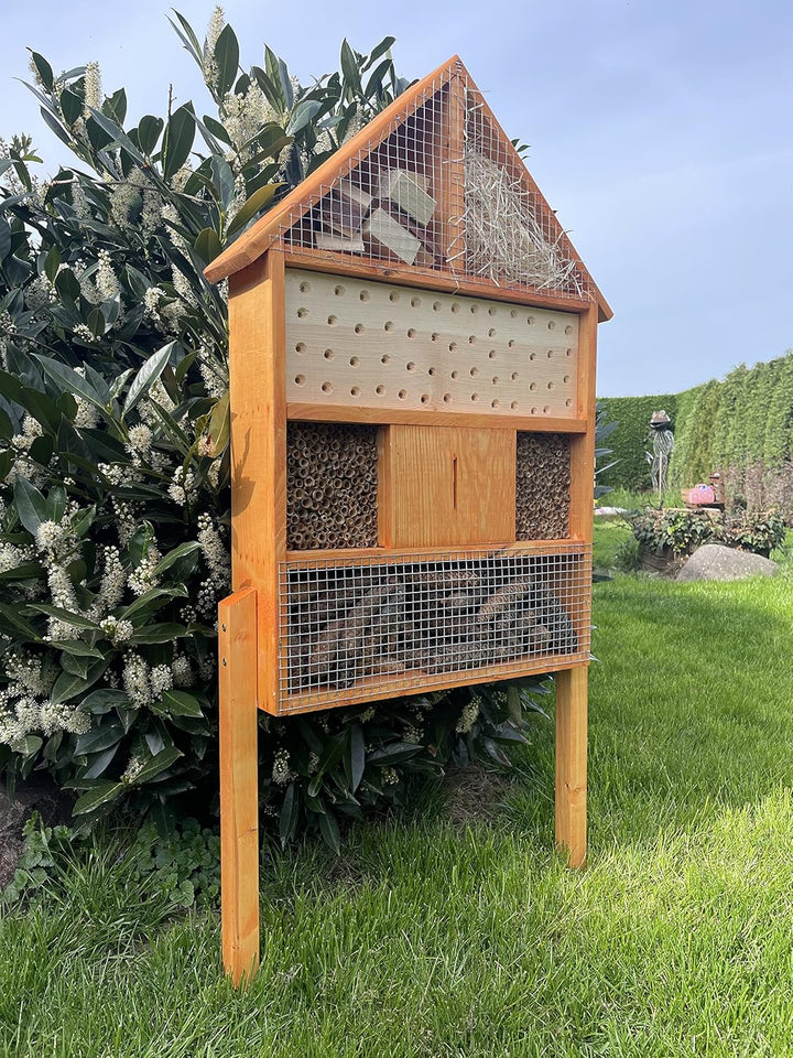 DARLUX massives handgefertigtes Insektenhotel XL aus Holz mit Standfuss 97 x 51 x 12 cm (HxBxT) Wild