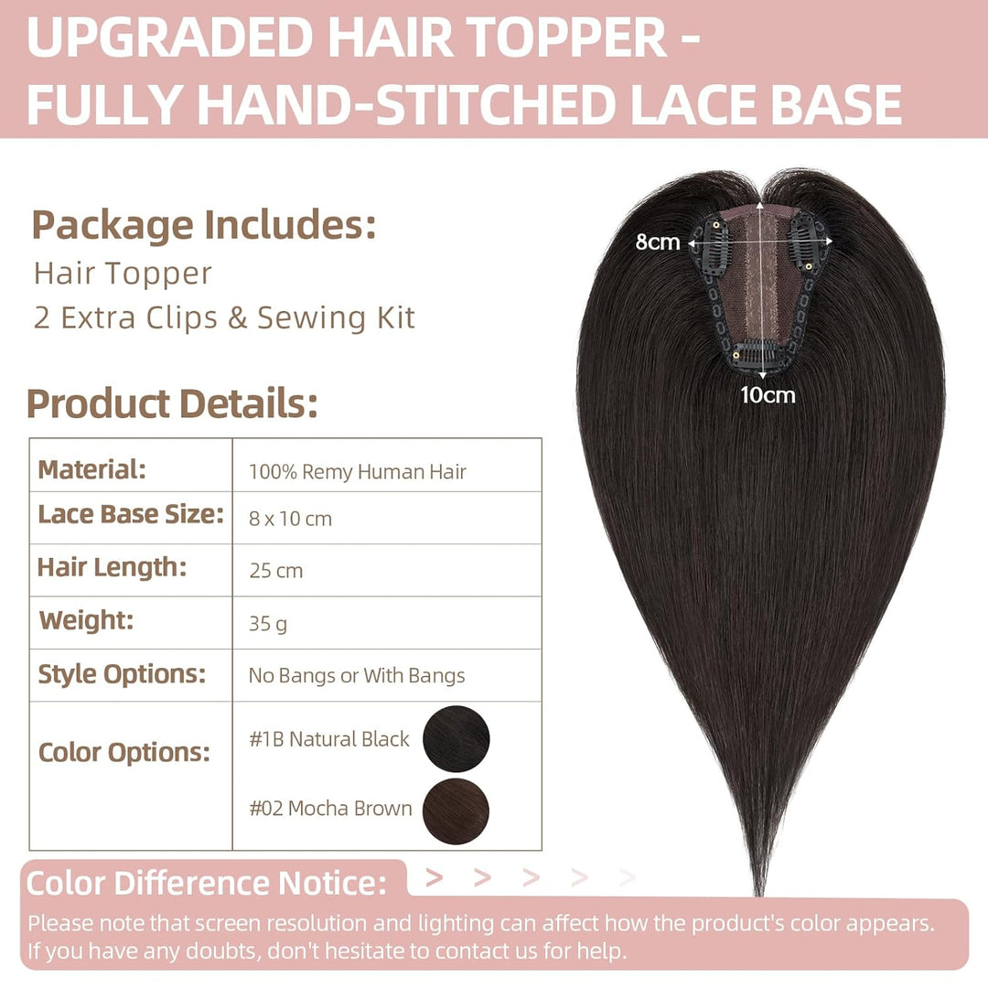 Silk-co Hair Topper Echthaar 8x10cm handgebunden Basis Toupet Damen, kein Pony Clip in Haarteile mit