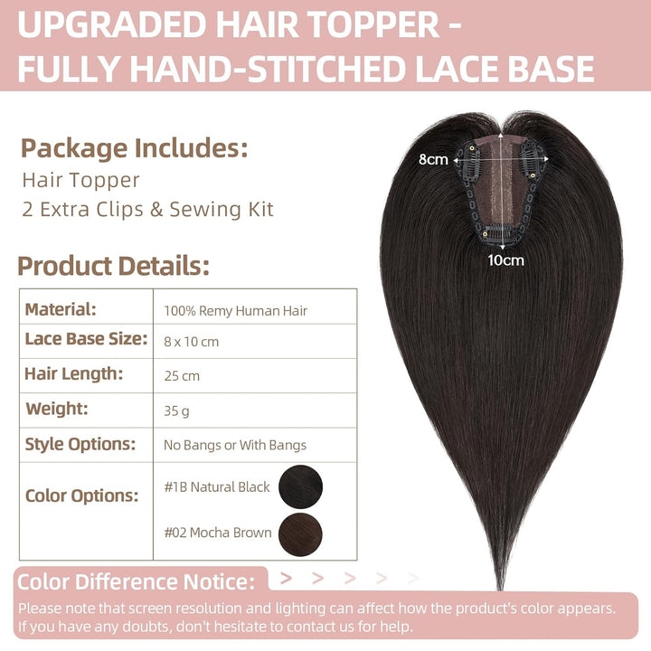 Silk-co Hair Topper Echthaar 8x10cm handgebunden Basis Toupet Damen, kein Pony Clip in Haarteile mit
