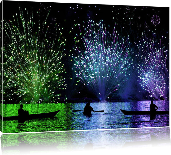 Feuerwerk auf dem Wasser, Format: 100x70 auf Leinwand, XXL riesige Bilder fertig gerahmt mit Keilrah