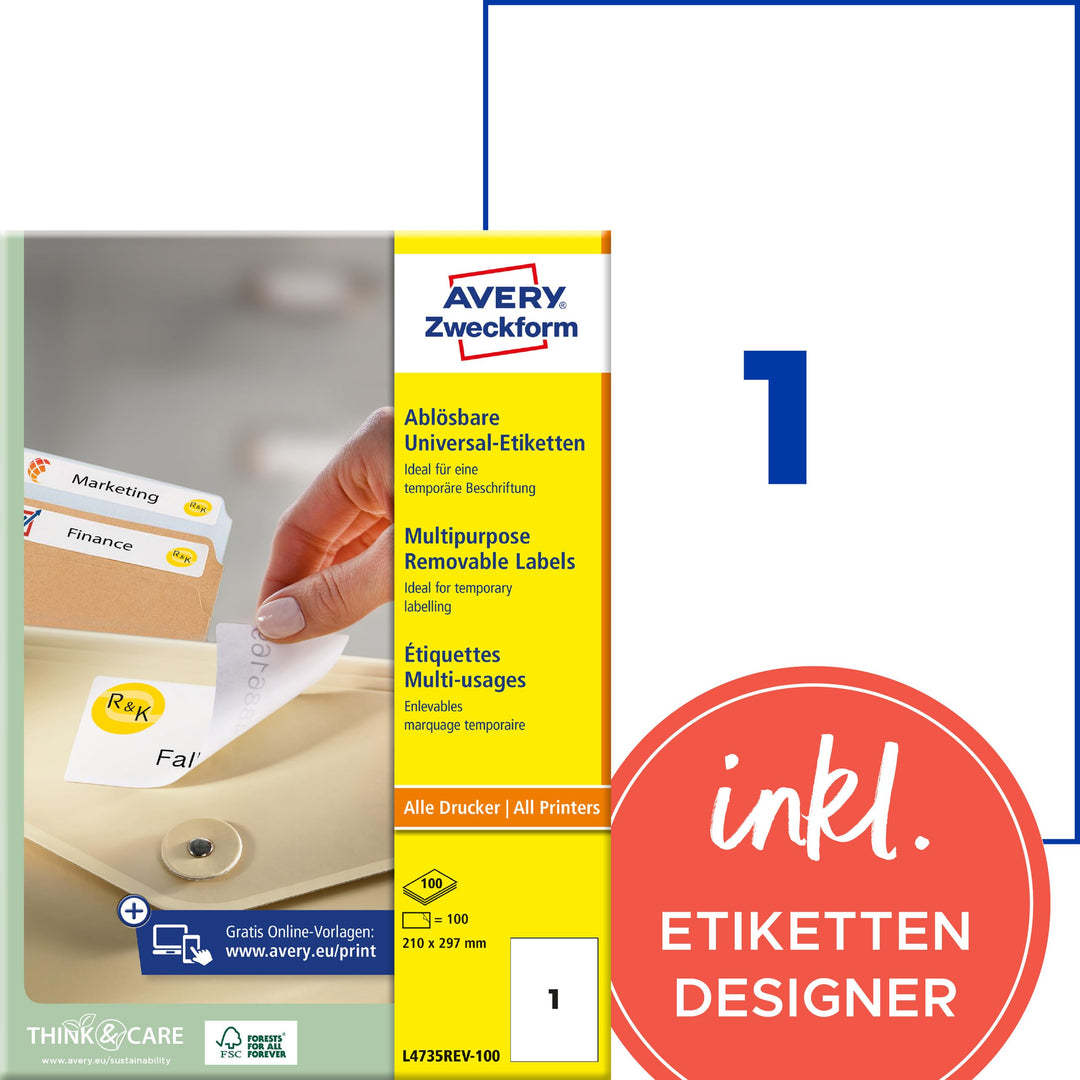 AVERY Zweckform L4735REV-100 Universal Etiketten (100 Klebeetiketten, 210x297mm auf A4, wieder rücks
