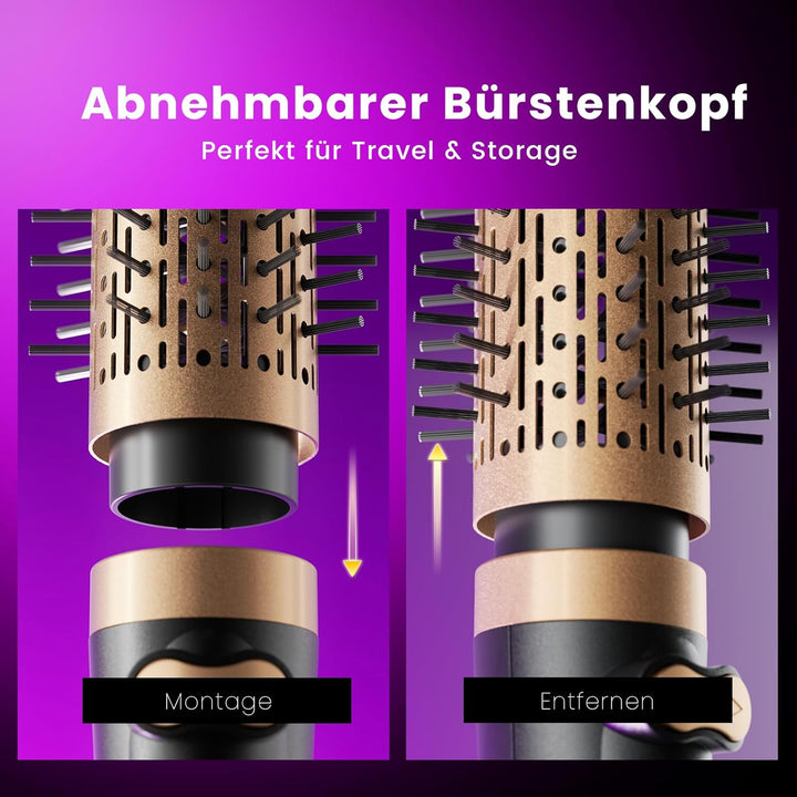 Rotierende Warmluftbürste, 3-in-1 Rundbürstenföhn mit 2 Bürsten (1,5"&2") zum Trocknen Styling Volum