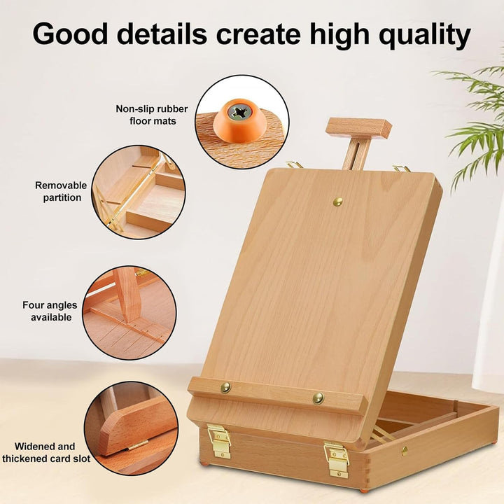 Staffelei Holz, Tischstaffelei mit Skizzenkoffer aus Buchenholz, 2-in-1 Staffelei &amp; Aufbewahrungsbox