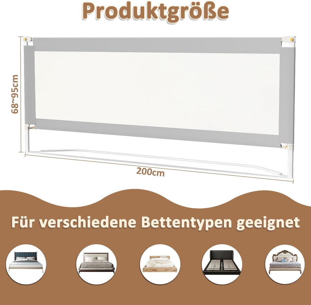 Eulenke Bettgitter Klappbar, 2x200cm und 1x180cm Bettgitter Rausfallschutz, Bettschutzgitter für Kin