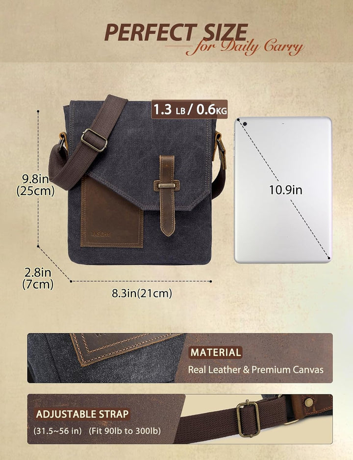VASCHY Klein Umhängetasche Herren, Vintage Leinwand Herrentasche Echtes Leder Schultertasche Klassis