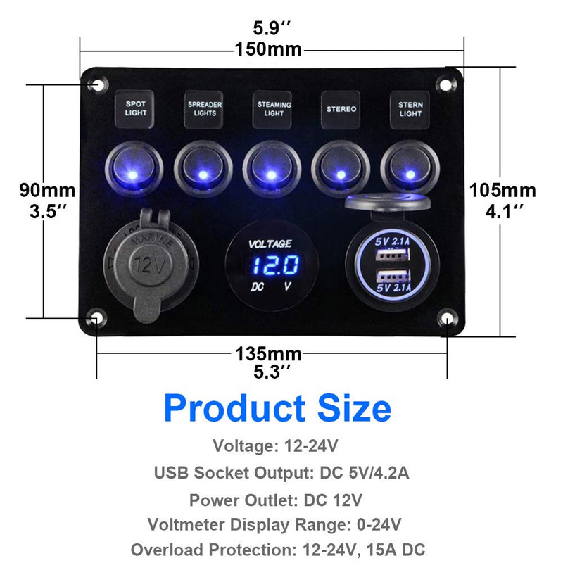 5 Gang Schalter Panel, 12V/24V Kippschalter Panel IP65 Wasserdichte LED Voltmeter Dual USB Buchse La