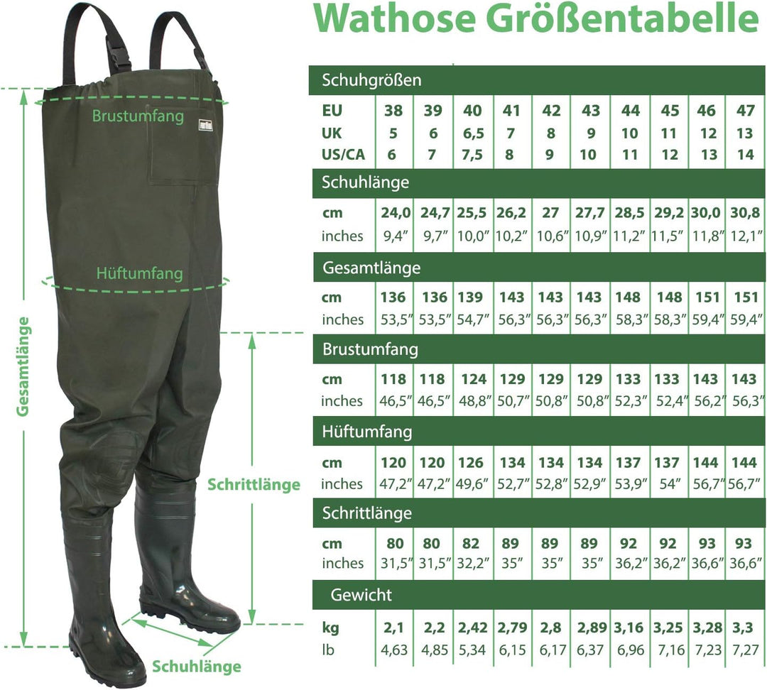 Wathose Herren Anglerhose mit Stiefel Gr 38-47 wasserdichte Watthosen Teich Fischer Watstiefel Hose