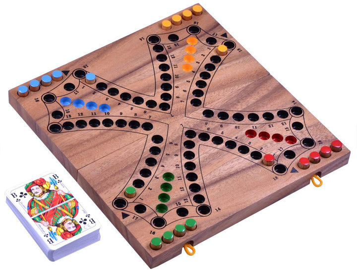 LOGOPLAY Tock für 4 Spieler - Gesellschaftsspiel mit Spielkarten - Brettspiel aus Holz mit zusammenk