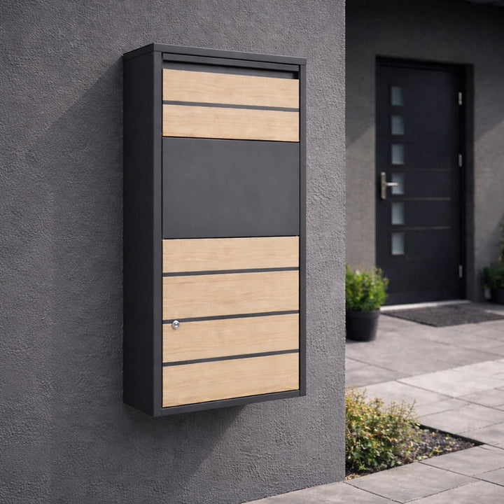 Zelsius Briefkasten mit Paketfach | Buche, Anthrazit RAL 7016 | pulverbeschichteter Stahl | integrie