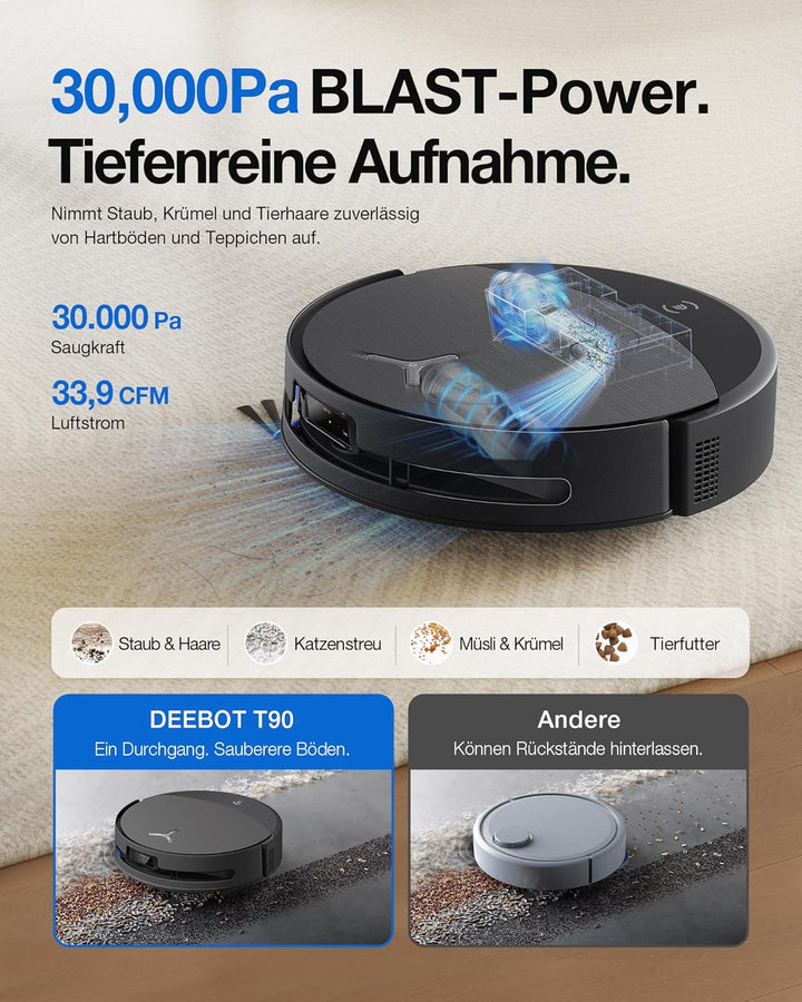 ECOVACS DEEBOT T90 PRO Omni Saugroboter mit Wischfunktion, Roboterstaubsauger 30.000 Pa, Schnelllade