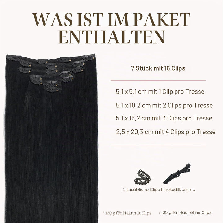 GOO GOO Clip in Extensions Eechthaar, 40cm 120g 7pcs, 1 Tief Schwarz, Remy Clip in Haarverlängerung