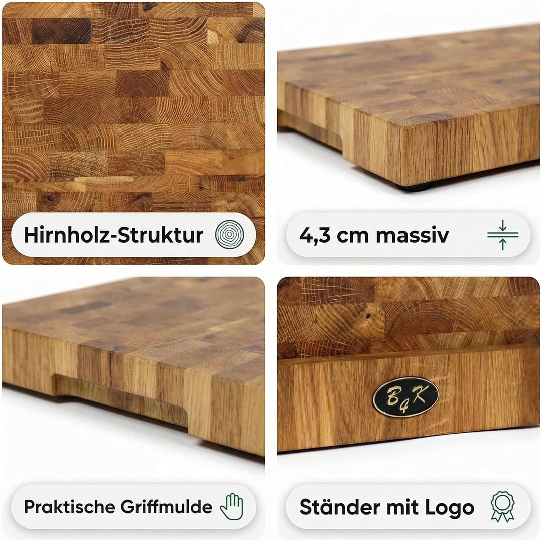 B4K 37х27х4,3cm mit Ständer Hackblock aus Eiche Stirnholz | Hirnholzbrett mit Griffen und Silikonfüs