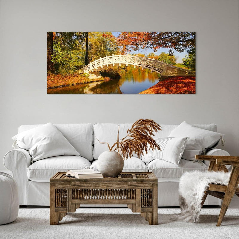 Wandbilder Dekoration Wohnzimmer Stream Fussgängerbrücke Herbst Panorama Bilder auf Leinwand 120x50c