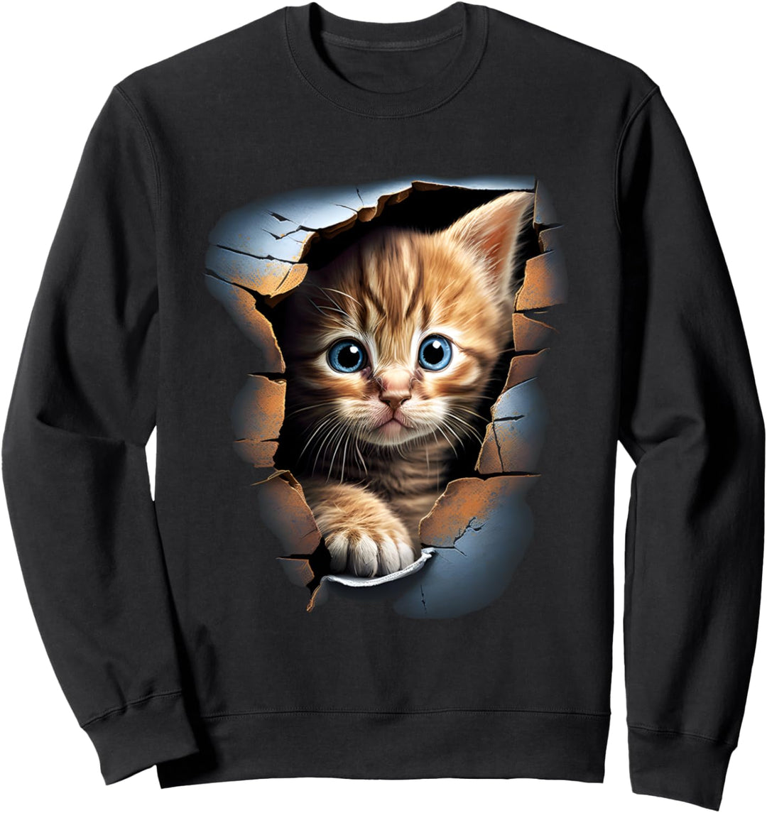 Niedliches Kätzchen-Merch mit rissiger Wand, für Damen und Herren, Katze Sweatshirt