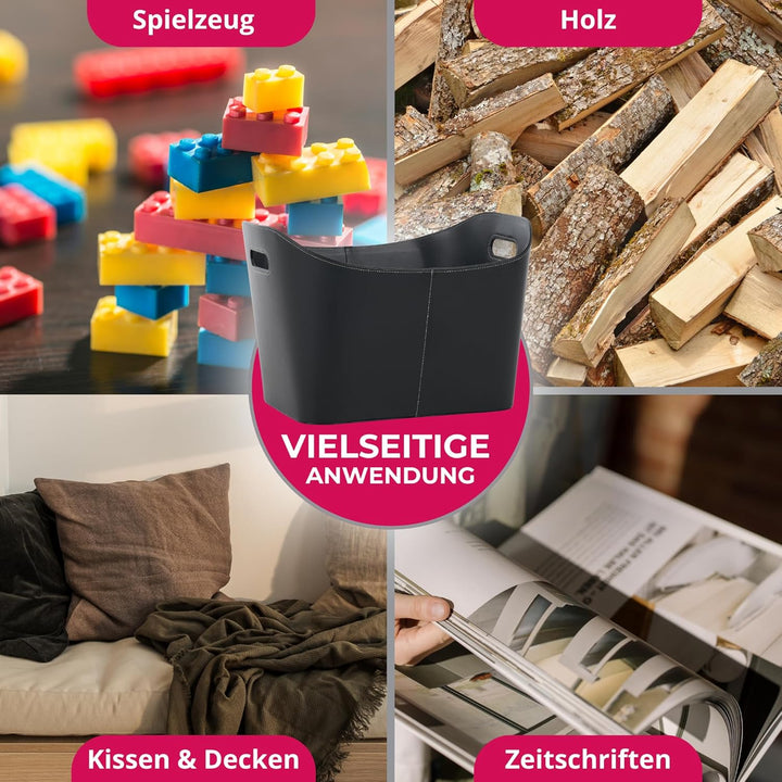 SULENO Holzkorb WEXFORD Brennholzkorb Kunstleder schwarz (XL - 46 x 40