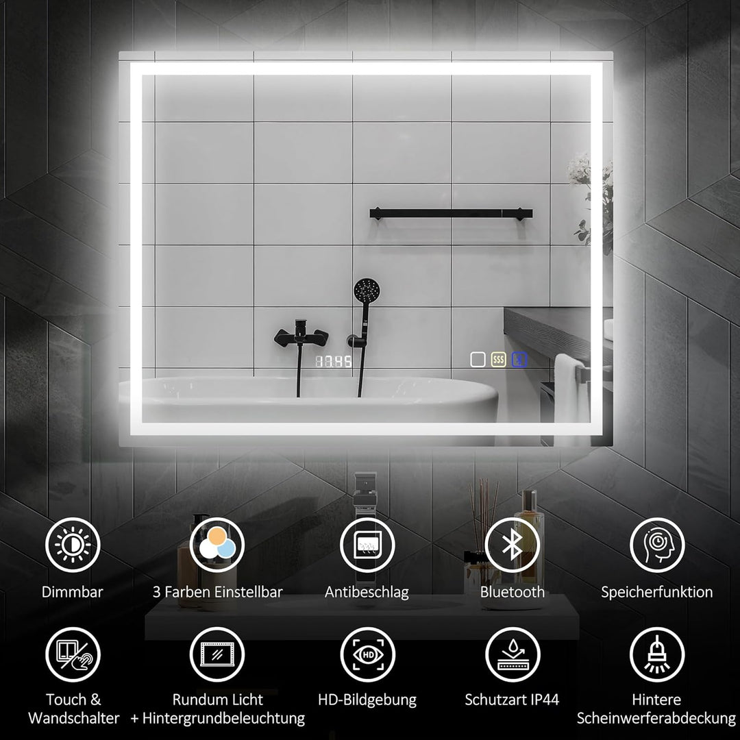 HOMCOM Badspiegel mit Beleuchtung 100x80 cm LED Spiegel Wandspiegel mit Bluetooth-Musikfunktion Memo